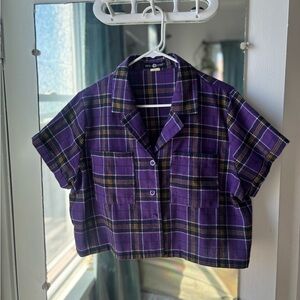 Purple flannel plaid button down crop top